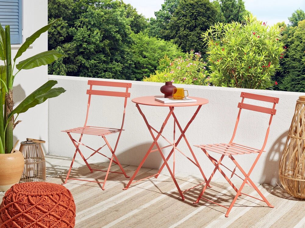 Set da balcone 3 elementi tavolo e sedie rotonde da esterno in acciaio rosso corallo pieghevole all'aperto