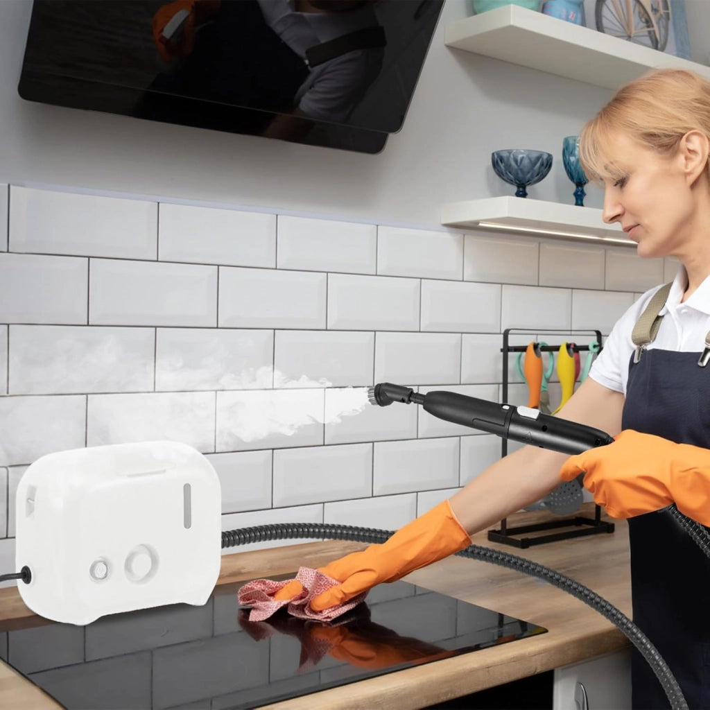 1600W Pulitore a Vapore Portatile, Vaporizzatore Domestico con Serbatoio d'Acqua 1 L (Sostenibile), Tempo Riscaldamento 10s, Macchina per Pulizia a Vapore Multiuso (Bianco)