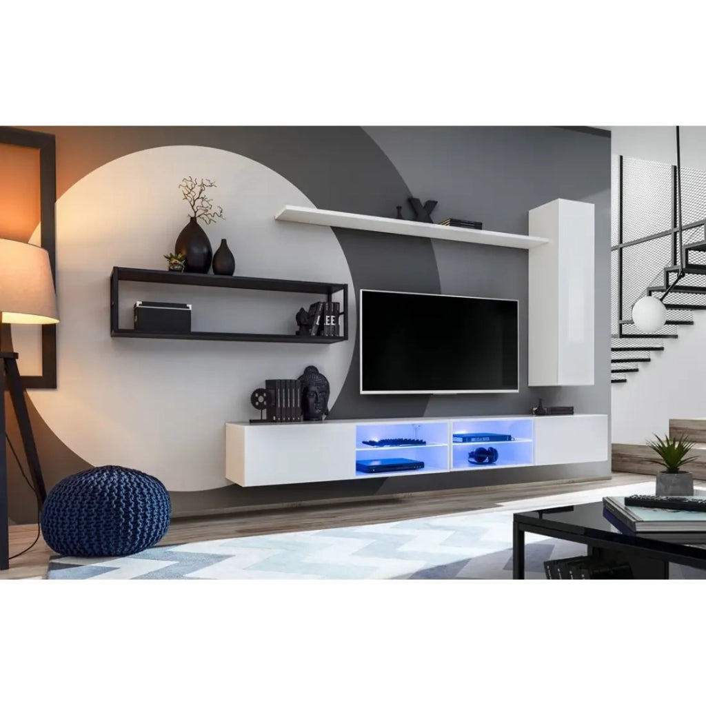 Set Mobili da Soggiorno Industriale SWITCH M4 - Bianco - LED Integrati & Sistema Push to Open