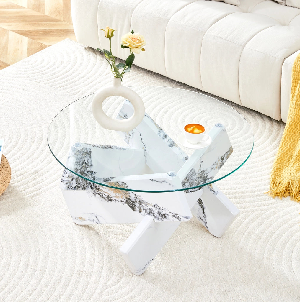 Tavolino da caffè rotondo ? 79 cm in MDF e vetro; bianco e trasparente