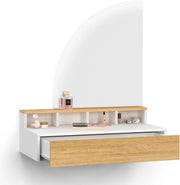 ZELIA, tavolo da toilette sospeso con specchio LED, 4 nicchie, 1 cassetto, legno e bianco
