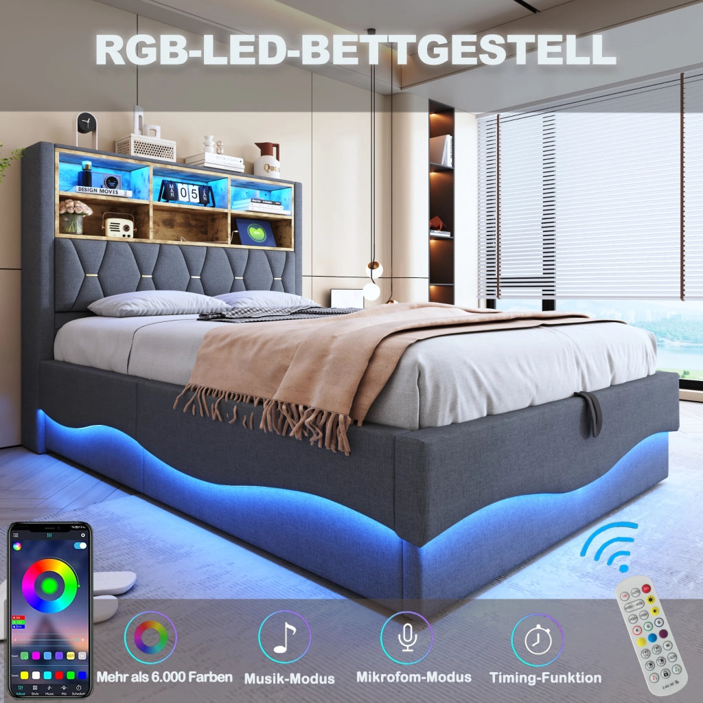 LETTO Contenitore 140x200 cm Grigio con LED, USB e struttura in metallo
