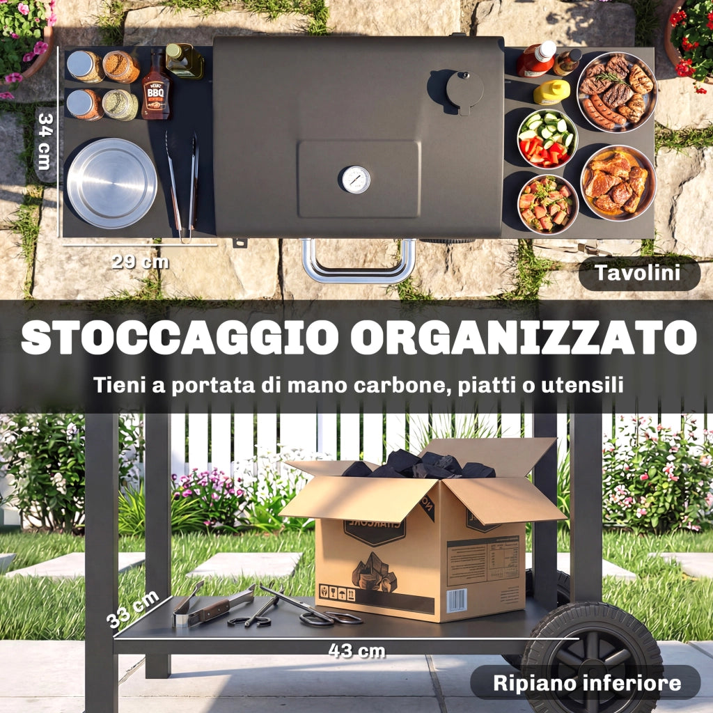 Barbecue a Carbone con 2 Ripiani Laterali, Termometro, Coperchio e Ruote, 110x46.5x101 cm, Nero