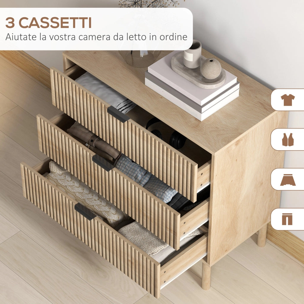 Cassettiera 3 Cassetti 80x40x77,5 cm in Stile Nordico in Legno Rovere
