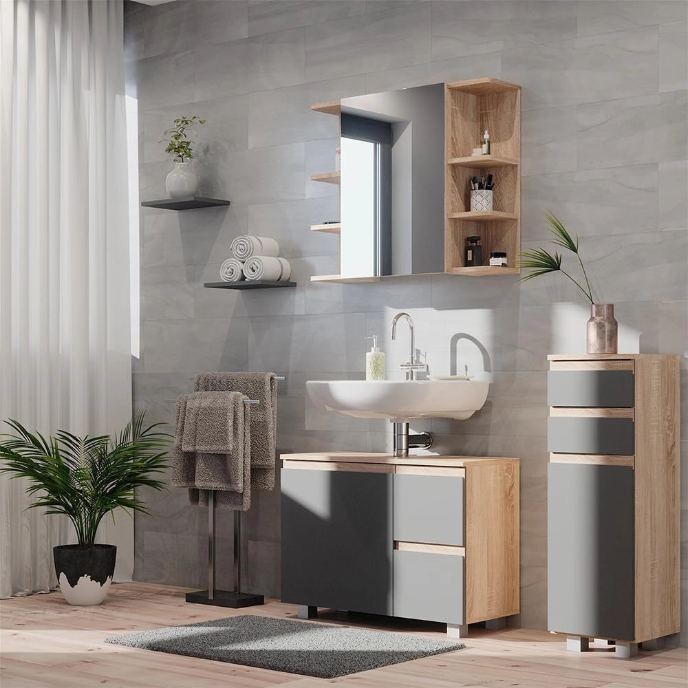 Set mobili bagno J-Shape, Sonoma, 80 cm, composto da mobile sottolavabo, specchiera e mobile medio