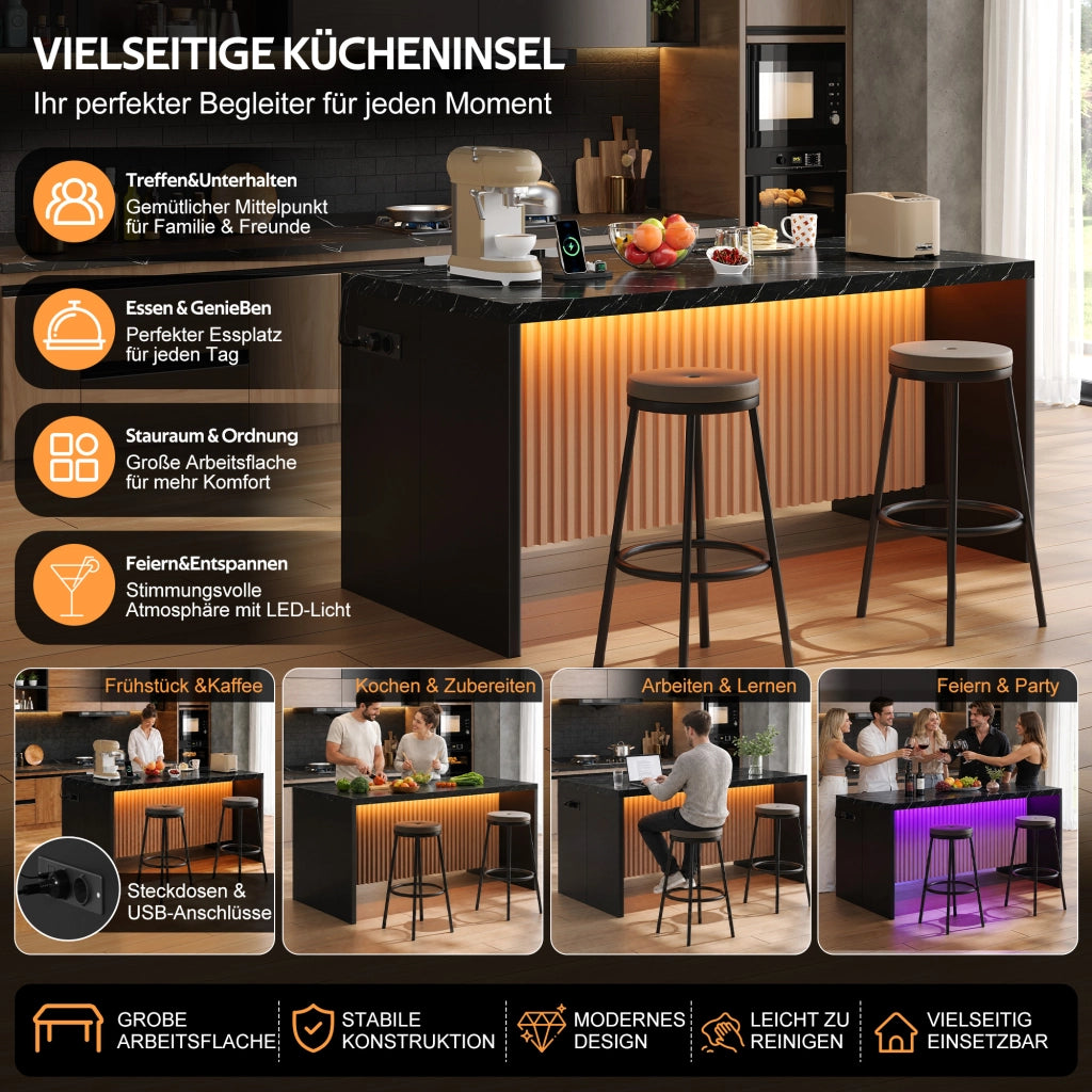 ISOLA CUCINA 155x80x90 cm Effetto marmo nero MDF con LED, prese EU e USB