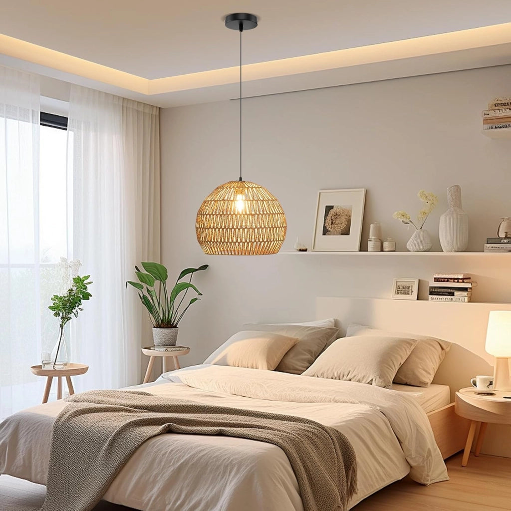 Lampada a Sospensione, Lampadario Moderno con Struttura in Metallo e Cupola in Carta, Luce con Altezza Regolabile per Cucina, Camera da Letto e Soggiorno, 43 x 43 x 34 cm (Marrone)
