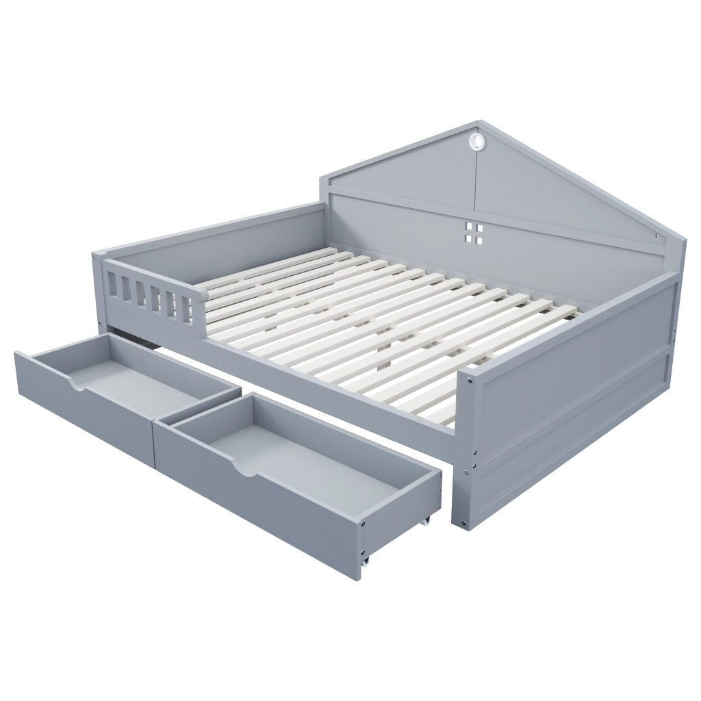 Letto con cassetti 140×200 cm; letto singolo con 2 cassetti; striscia LED; senza materasso; in legno massello e MDF; grigio