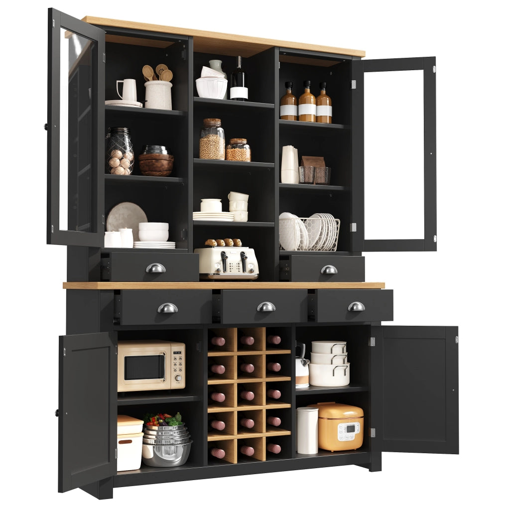 Credenza alta con vetrina 5 cassetti ripiano regolabile soft-close e portabottiglie estraibile per cucina e soggiorno