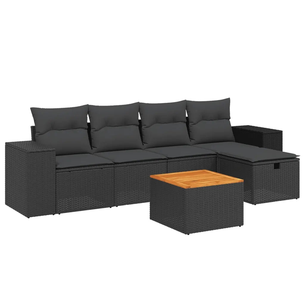 Set Divano da Giardino 6 pz con Cuscini Nero in Polyrattan