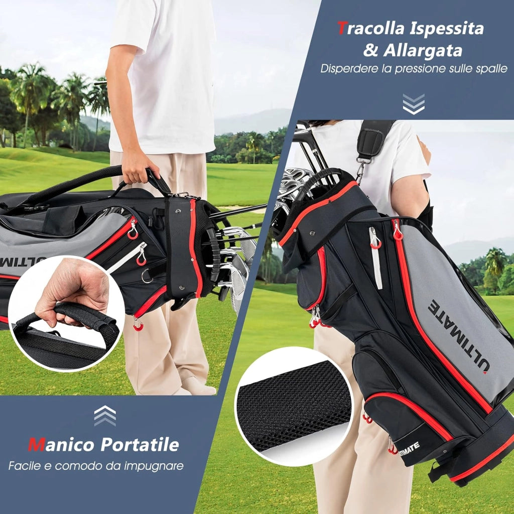 Borsa da Golf Leggera e di Grande Capacità, Sacca da Golf con 14 Divisori, 8 Tasche, Cappuccio Antipioggia, Tracolla, Borsa Termica per Bevande, Ideale per Uomini e Donne (Nero)