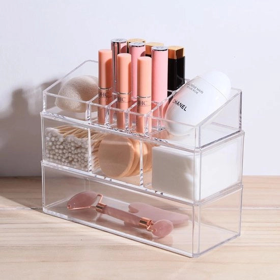 Organizzatore per l'armadio a 3 ripiani, organizzatore per trucco a stivellazione, sistema di archiviazione per cosmetici con 15 compartimenti per matite da labbra, smalti per unghie e accessori