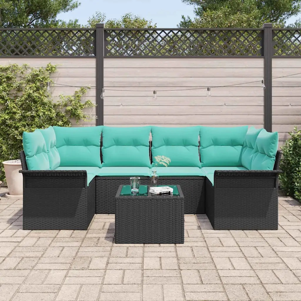 Set Divano da Giardino 7 pcs Nero e Turchese polyrattan 3353935