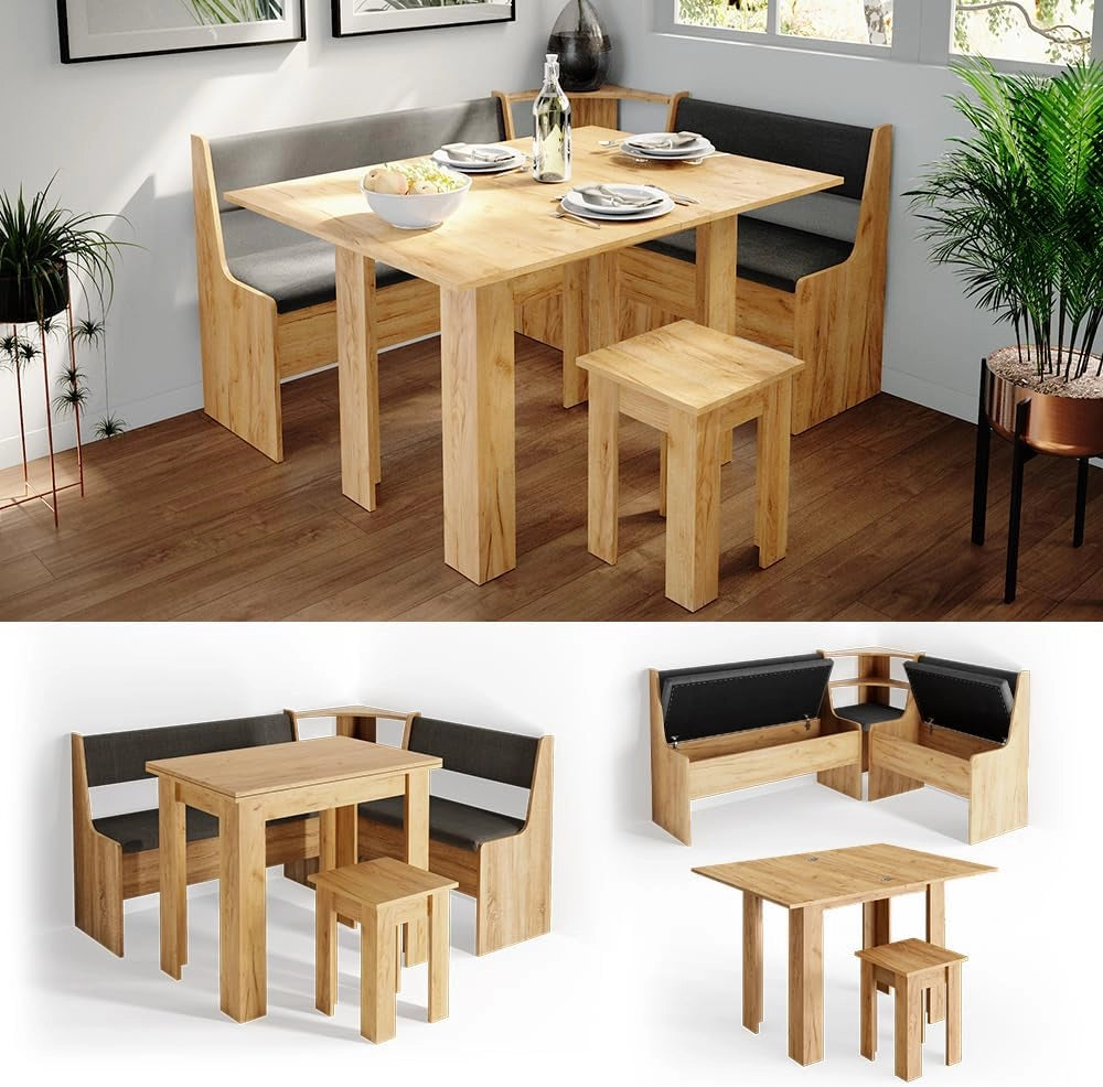 Gruppo panca ad angolo Roman, Quercia dorata, 150 x 120 cm con tavolo, adatto per il posizionamento ad angolo in cucine e sale da pranzo
