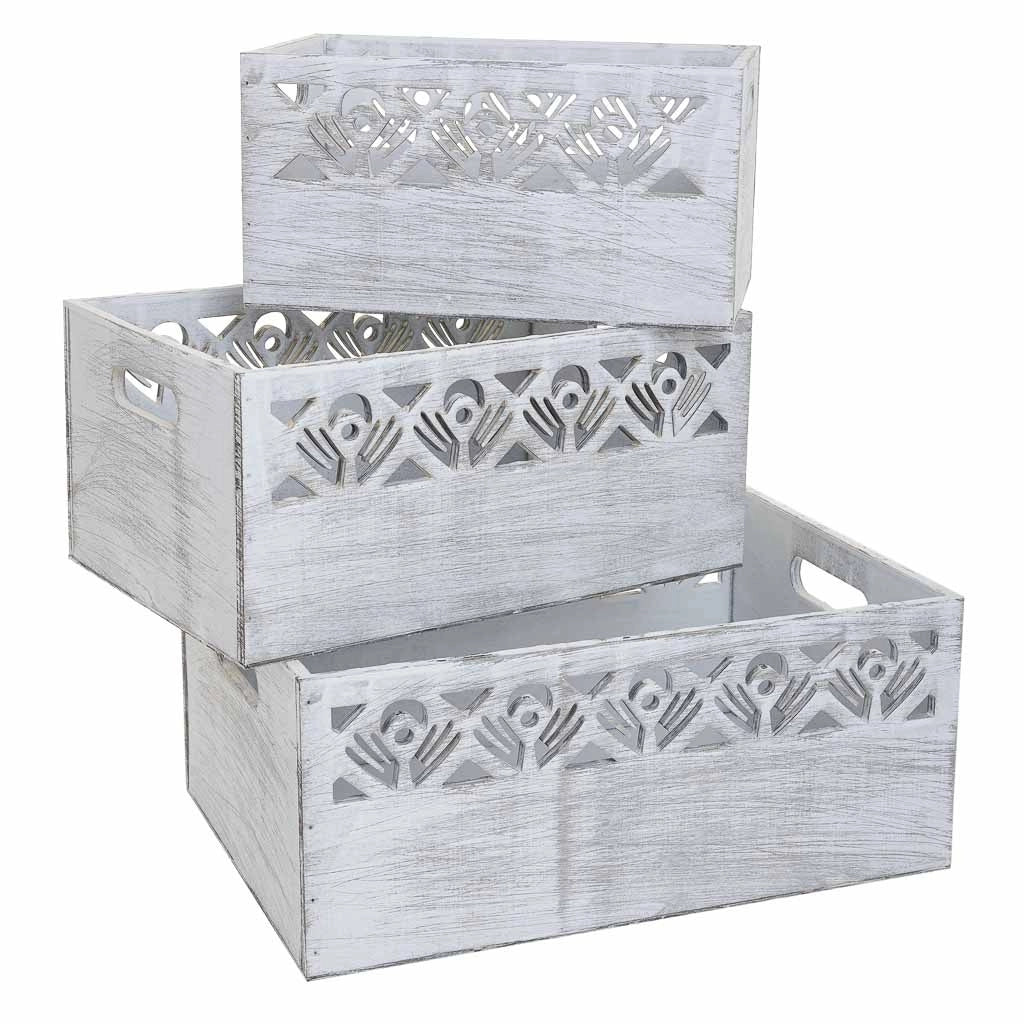 Set di 3 cesti in legno bianco 35x25x15h-30x20x14h-25x15x13