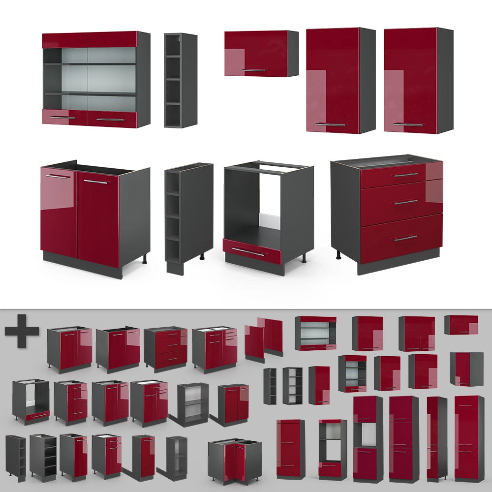 Vicco Cucina componibile Bordeaux lucido/antracite 235 cm senza piano di lavoro