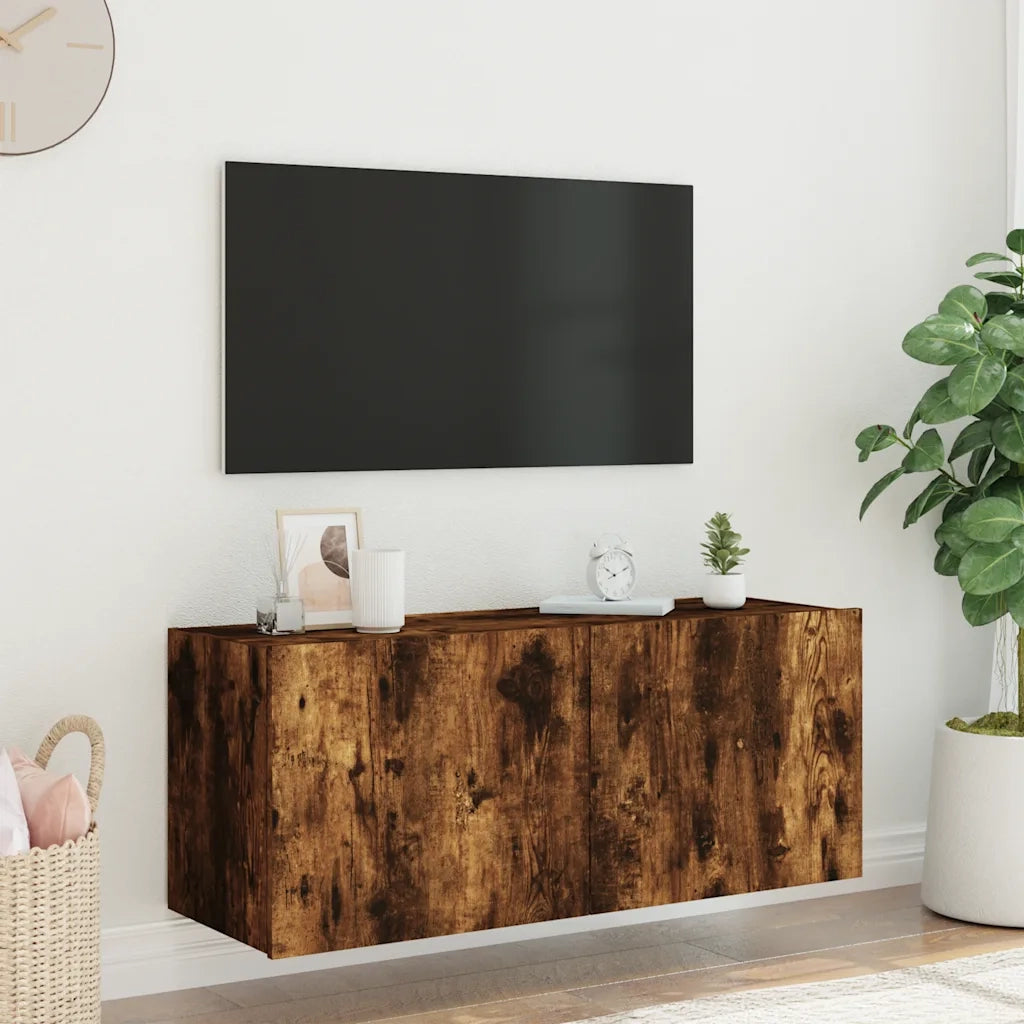 Mobile TV a Parete | Armadietto TV | Mobile Porta TV con Luci LED Rovere Fumo 100x35x41 cm