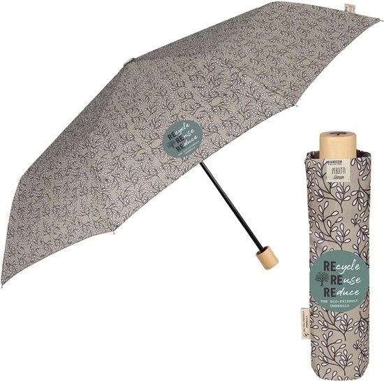 Paraplu Opvougbile Sostenibile per Donne - Vouwparaplu con Maniglia in Legno Naturale a Mano con Apertura Manuale - Paraplu Leggero e Resistente al Vento (Grigio con Fiori Bianchi)