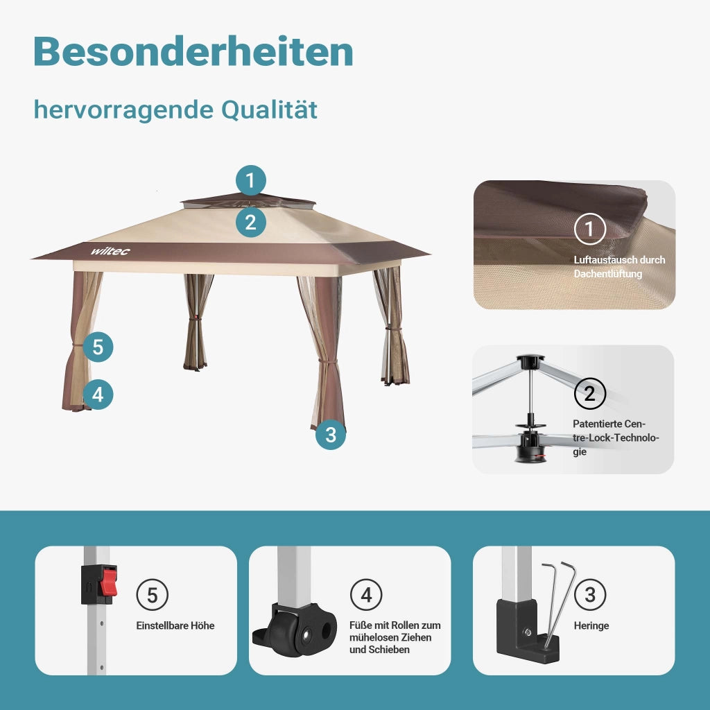 Gazebo pieghevole con zanzariera, beige 4 x 4 m, impermeabile, UV 50+, Tendone per feste