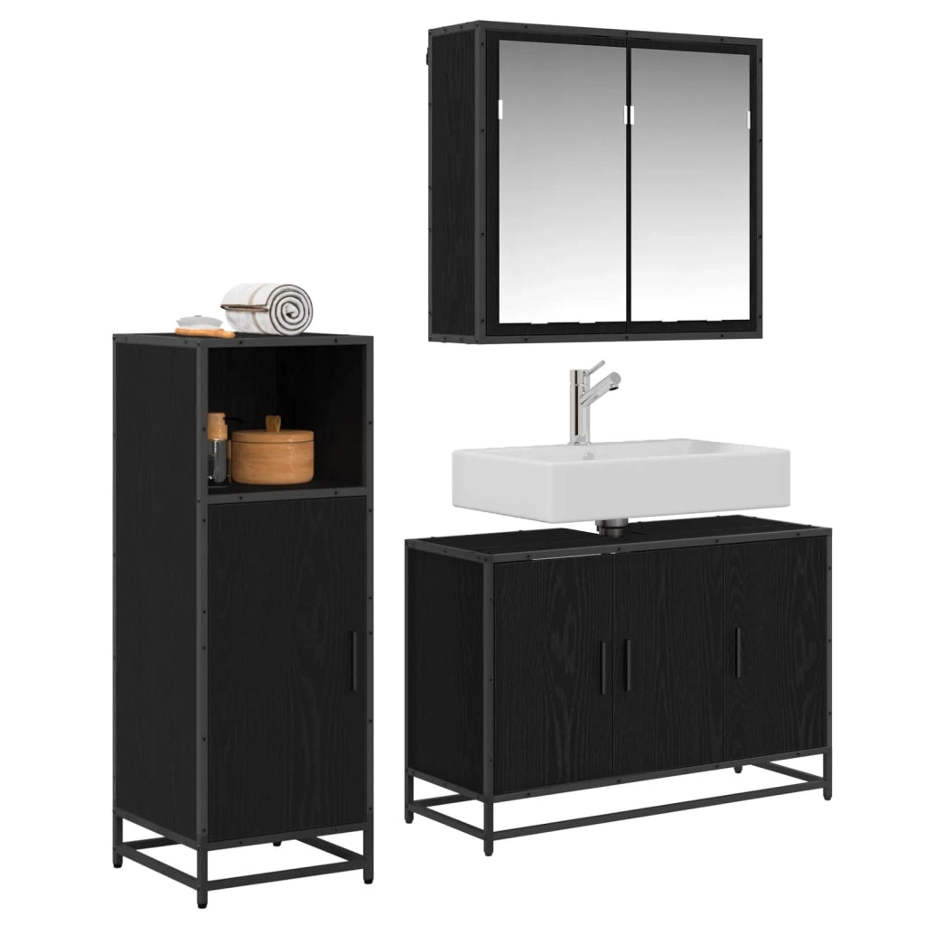 Set di mobili per il bagno 3 pcs Rovere Nero Legno multistrato