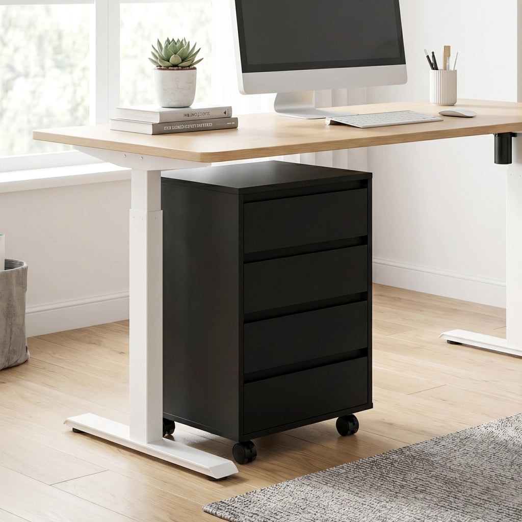 Scrivania con cassetti ¨C zephmum ¨C 4 cassetti in legno nero su ruote