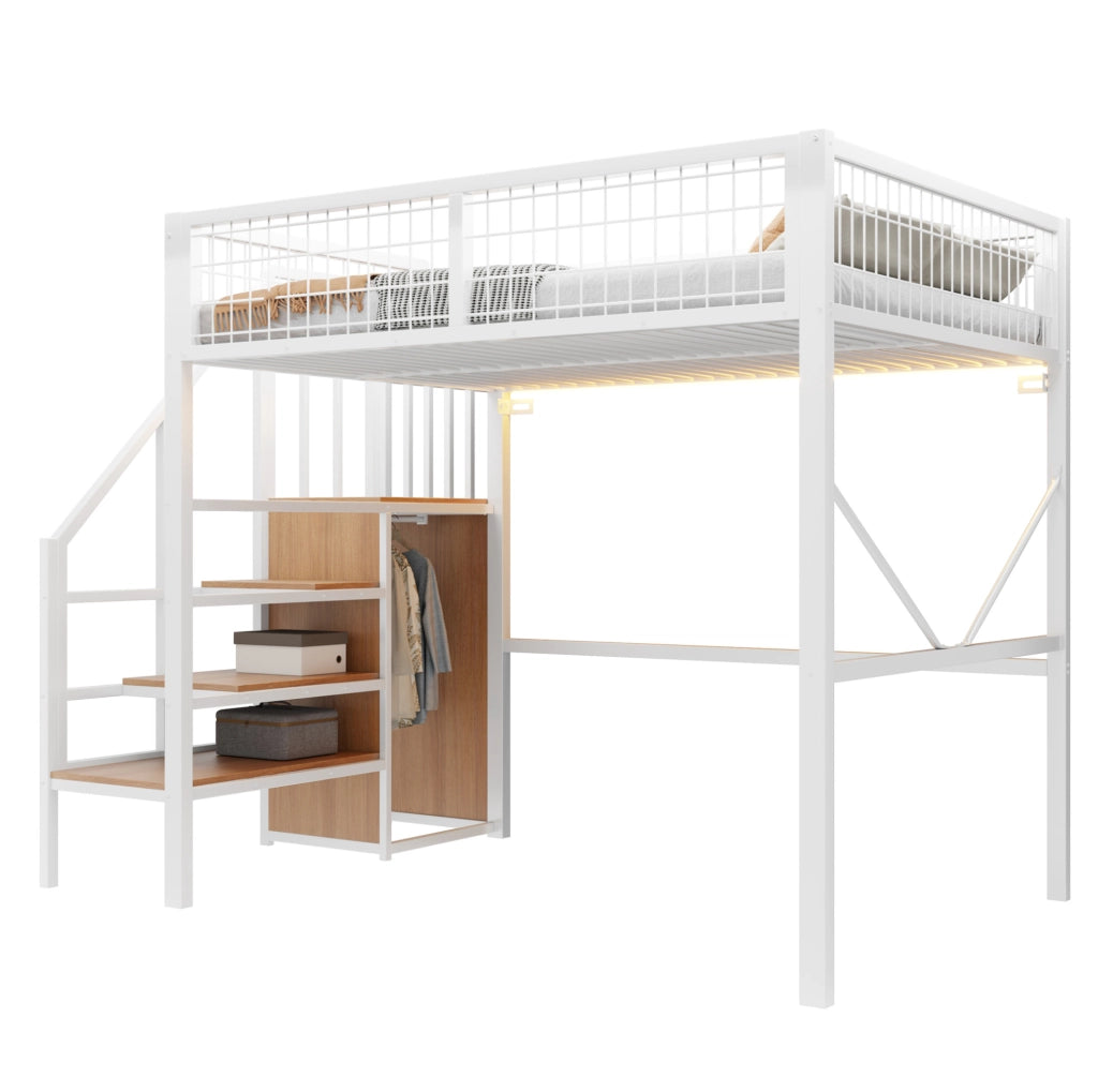 Letto a soppalco 140x200 cm con scala contenitore; LED e sponda in metallo; bianco