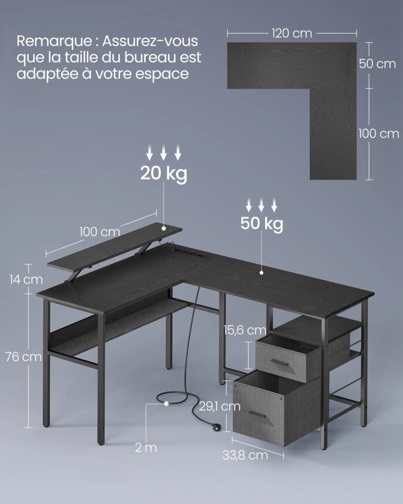 Scrivania angolare con multipresa 120 x 150 x 76 cm scrivania per computer con supporto per monitor scrivania da gaming a LED 2 cassetti 2 porte USB facile da montare nero 12_0004625
