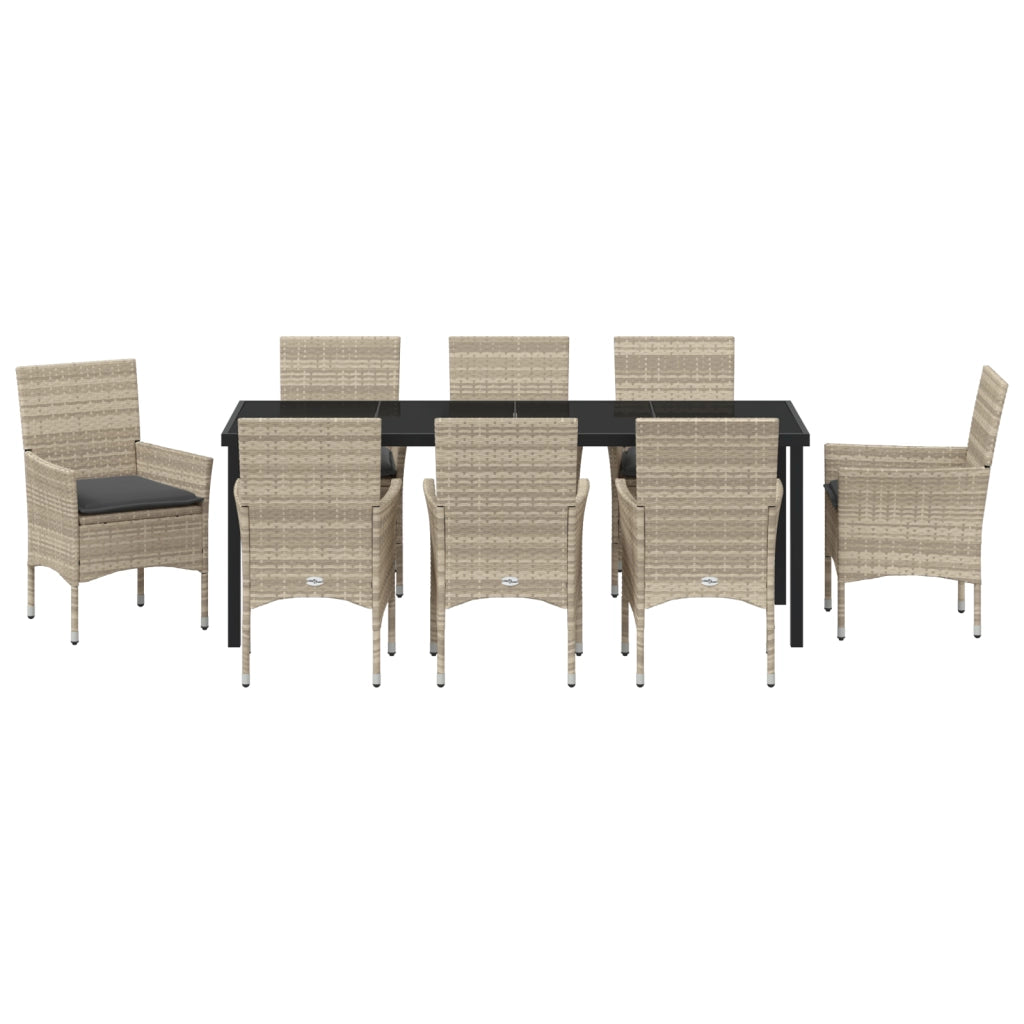 Set da Pranzo da Giardino da 9 Pezzi con Cuscini Grigio Chiaro in Rattan Poliestere