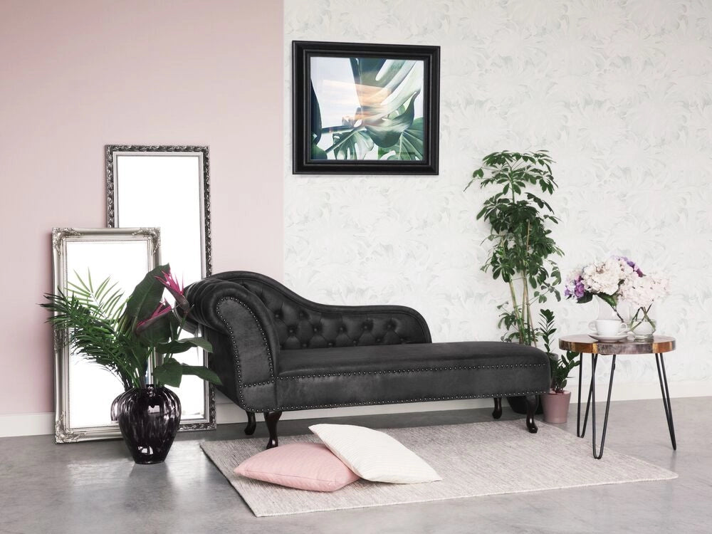 Chaise longue grigia con bottoni in finta pelle scamosciata moderna