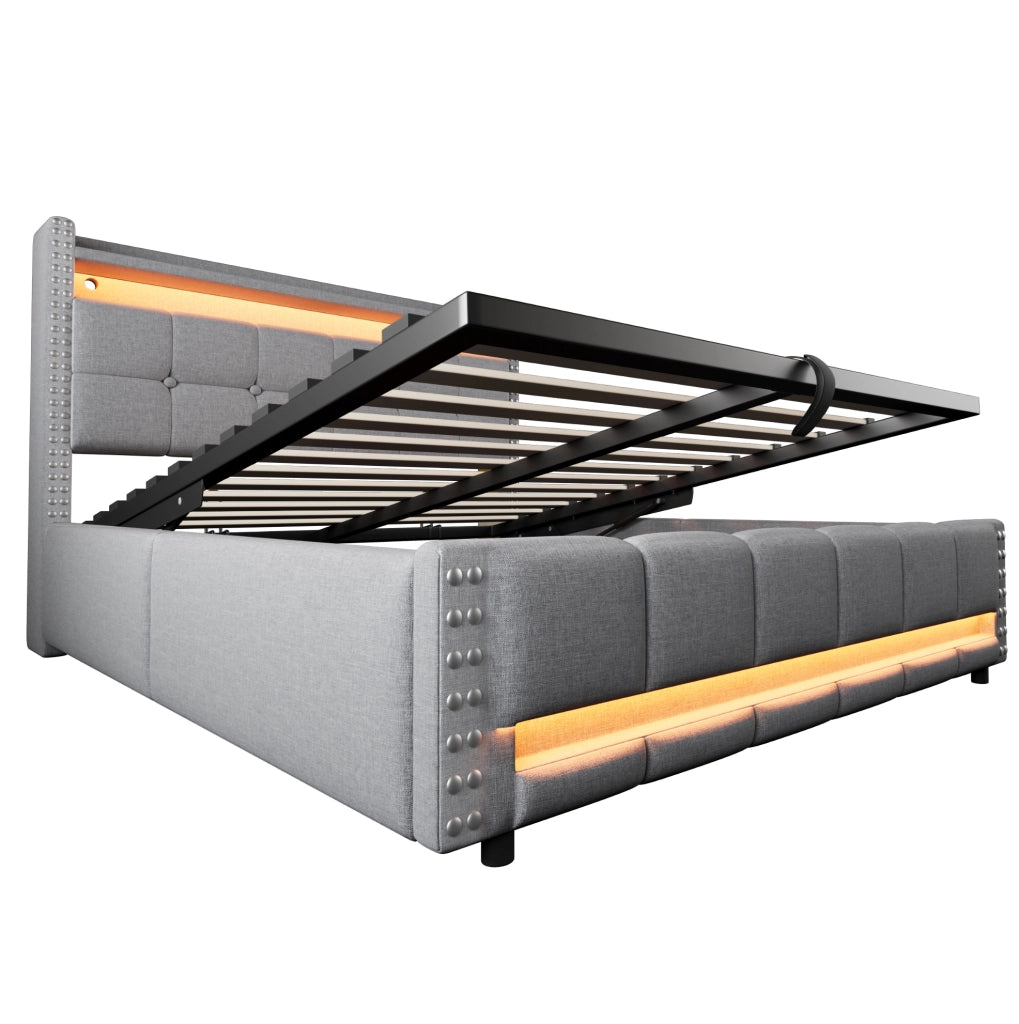 Letto imbottito 160x200 cm con LED; USB e contenitore in lino grigio chiaro