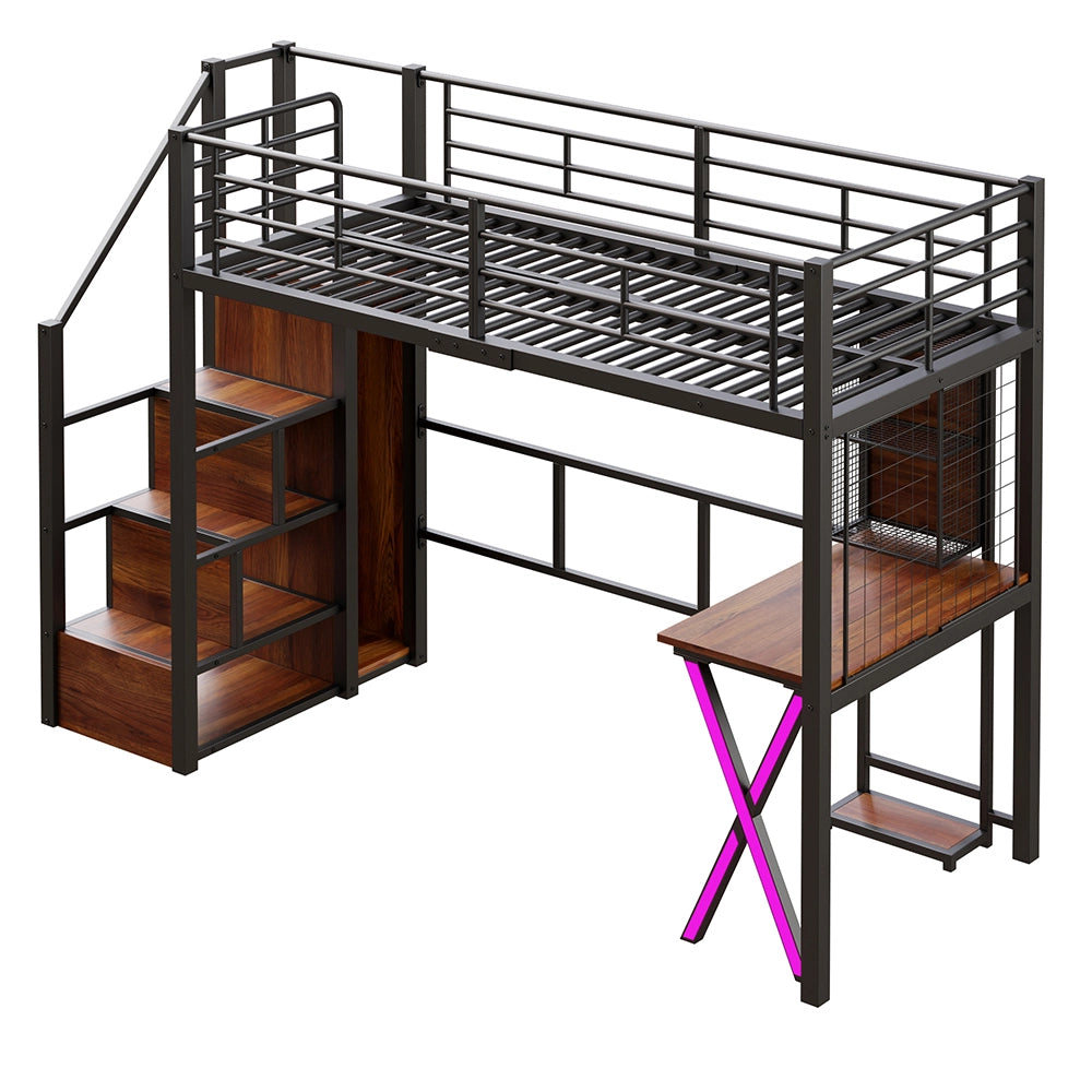 Letto mezzanino 90x200cm - Xylo - nero, armadio, scaffali, luce controllabile