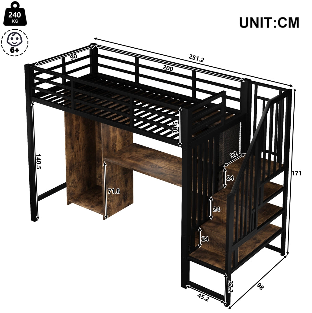 Letto a soppalco 90x200 cm con armadio e scrivania nero