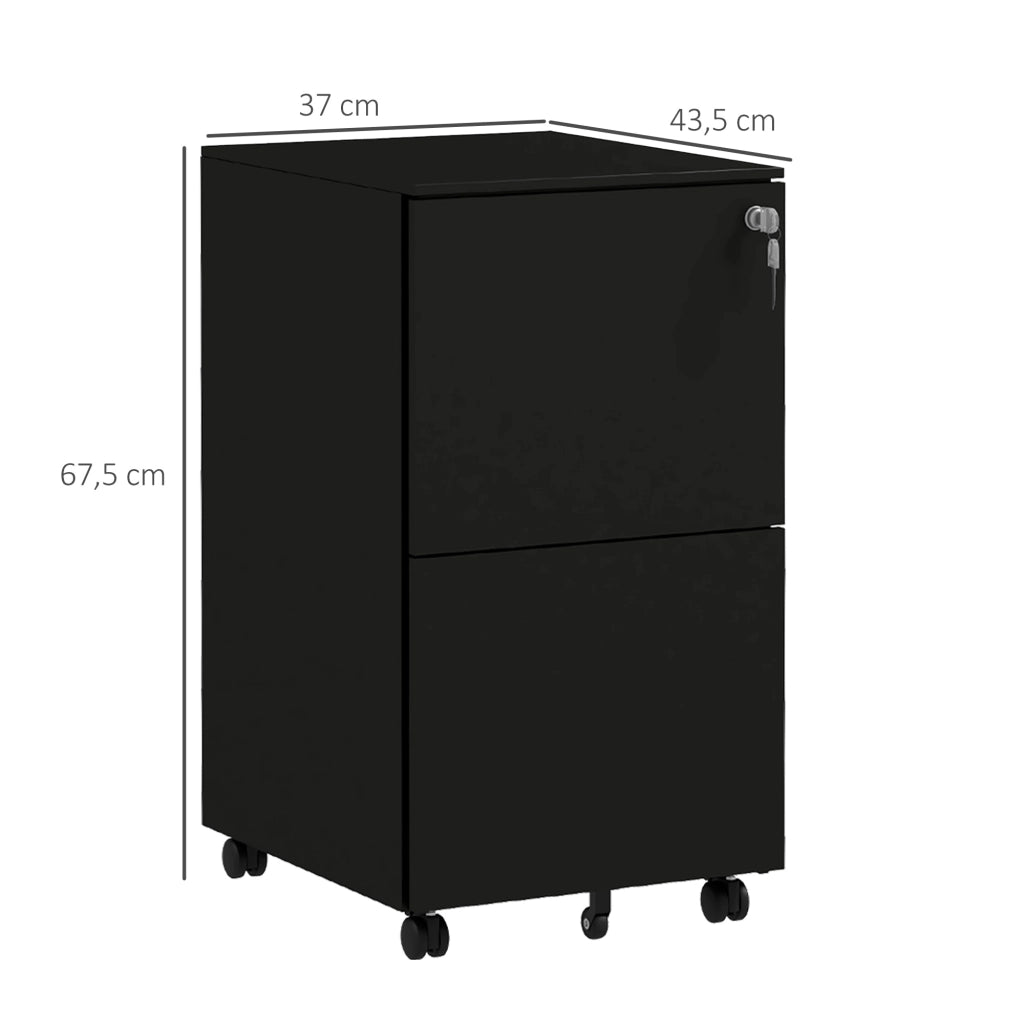 Mobiletto portadocumenti nero con ruote, dotato di 2 cassetti con serratura e rotelle in acciaio, dimensioni 37x43,5x67,5 cm, ideale per ufficio e