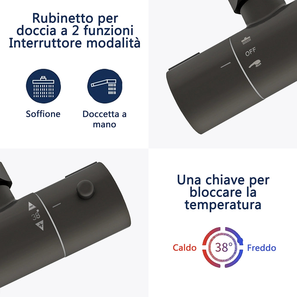 AICA ITALY Sistema Doccia con Miscelatore Termostatico a 38℃ e Doccetta Rotonda Altezza Regolabile 72-120cm Nero