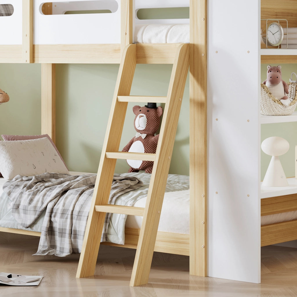 DESMIU Letto a castello per bambini 90 × 200 cm con scaffale, sponda di sicurezza e scala a 3 gradini, senza materasso, bianco naturale