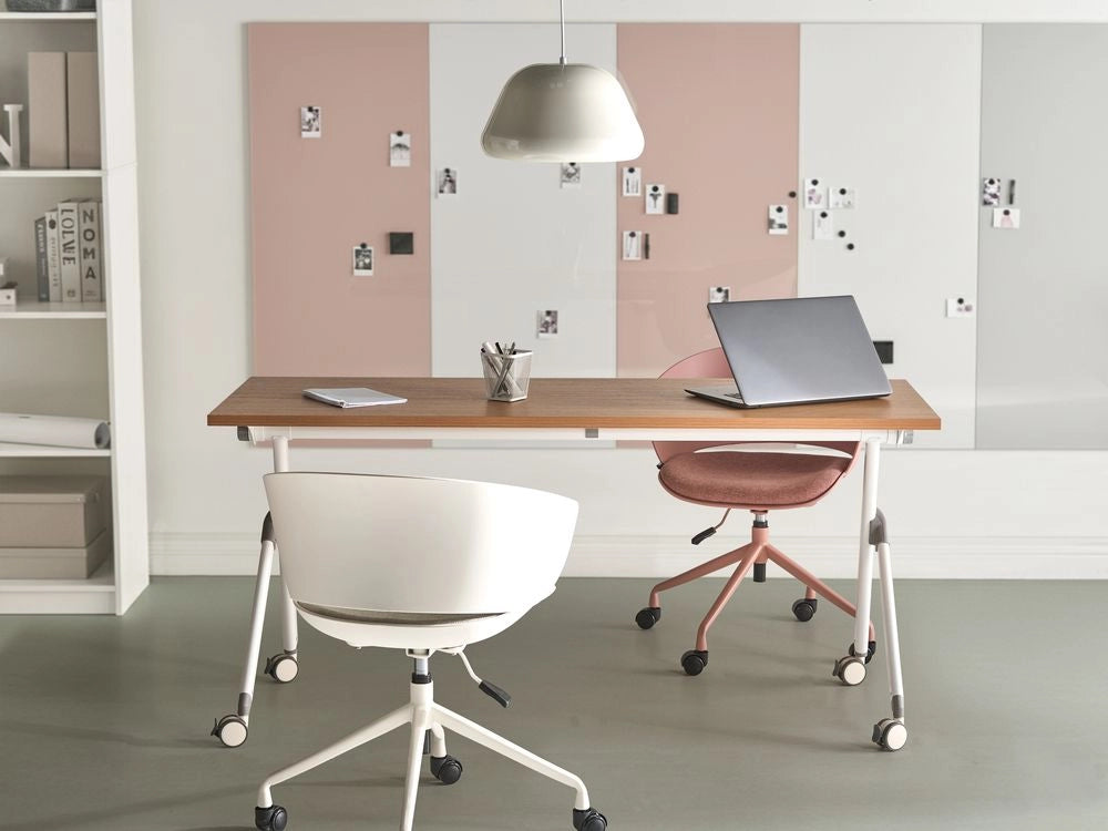 Scrivania da ufficio pieghevole con struttura in metallo marrone e bianco, piano in MFC 160 x 60 cm tavolo pieghevole portatile con rotelle