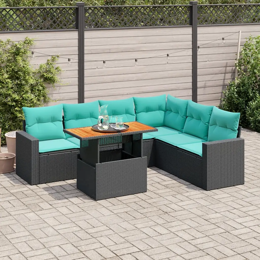 Set Divani da Giardino con Cuscini 7pz Nero Polyrattan