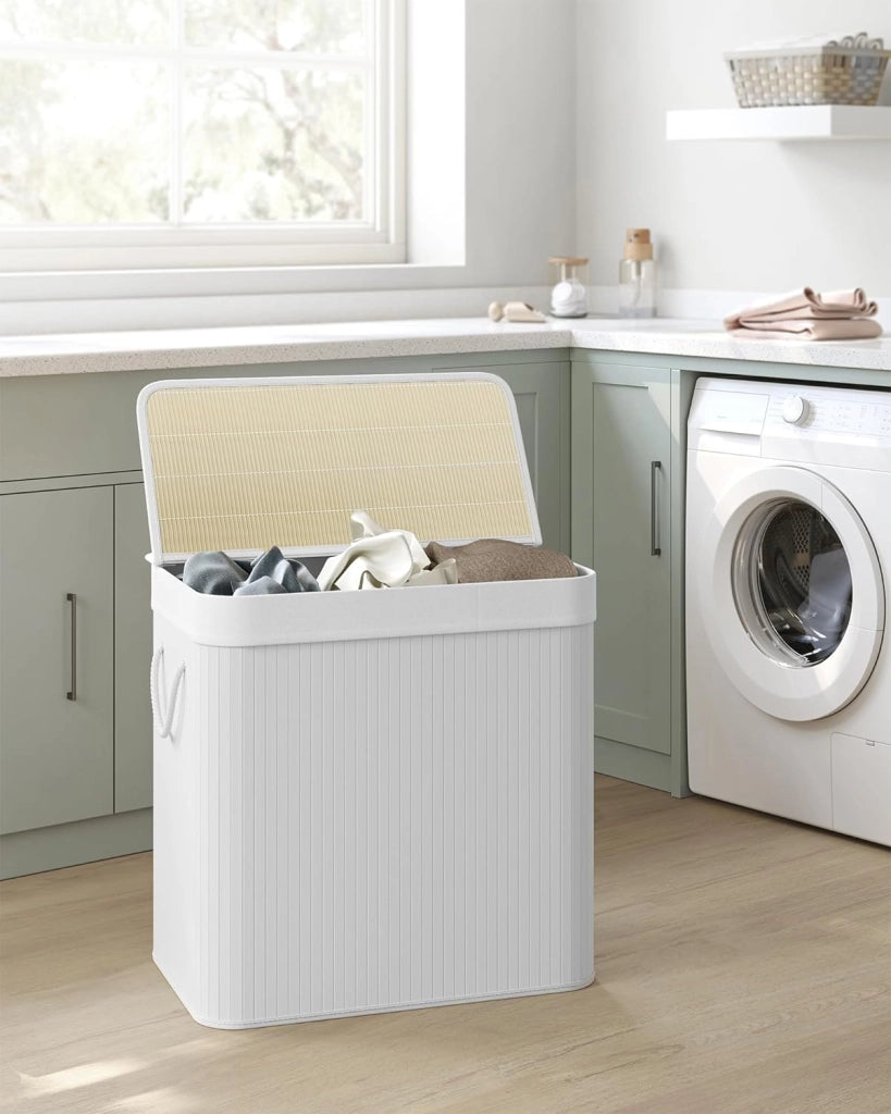 Cesto portabiancheria in bambù VALORA, tre scomparti, bianco, 150L LCB091W01 x3