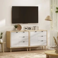 Credenza Moderna con 3 Cassetti e Armadietto, Ripiano Interno Regolabile e Ante Lucide, Bianco e Rovere