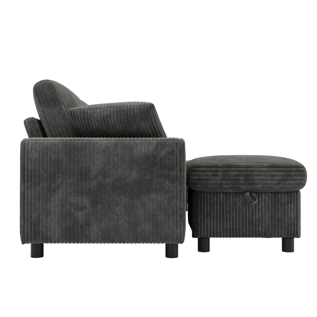 Divano panoramico a U con 2 pouf contenitore, tavolino, 1 USB, 2 Type-C e 2 prese, in velluto a coste Grigio, 315 × 135 × 81 cm