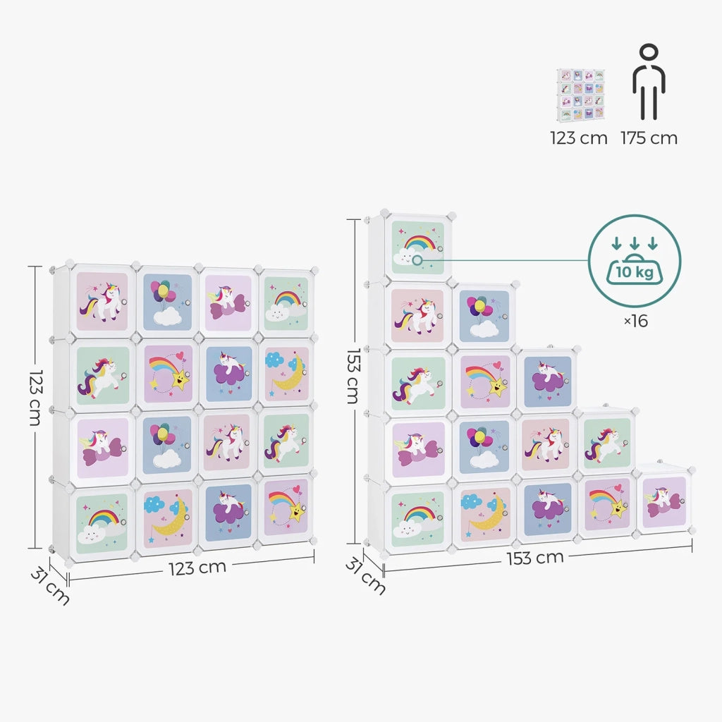 Mobile contenitore per bambini con 16 cubi modulari armadio con ante ripiani in plastica per giocattoli vestiti scarpe cartelle scolastiche 123 x 31 x 123 cm bianco 12_0006519