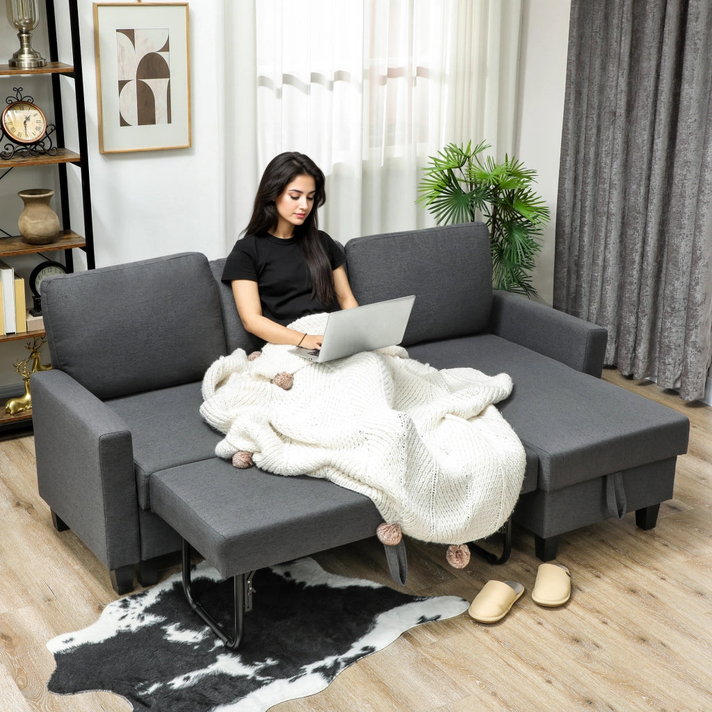 Divano Letto 3 Posti 197x129x85 cm con Chaise e Spazio Contenitore in Tessuto Effetto Lino Grigio Carbone