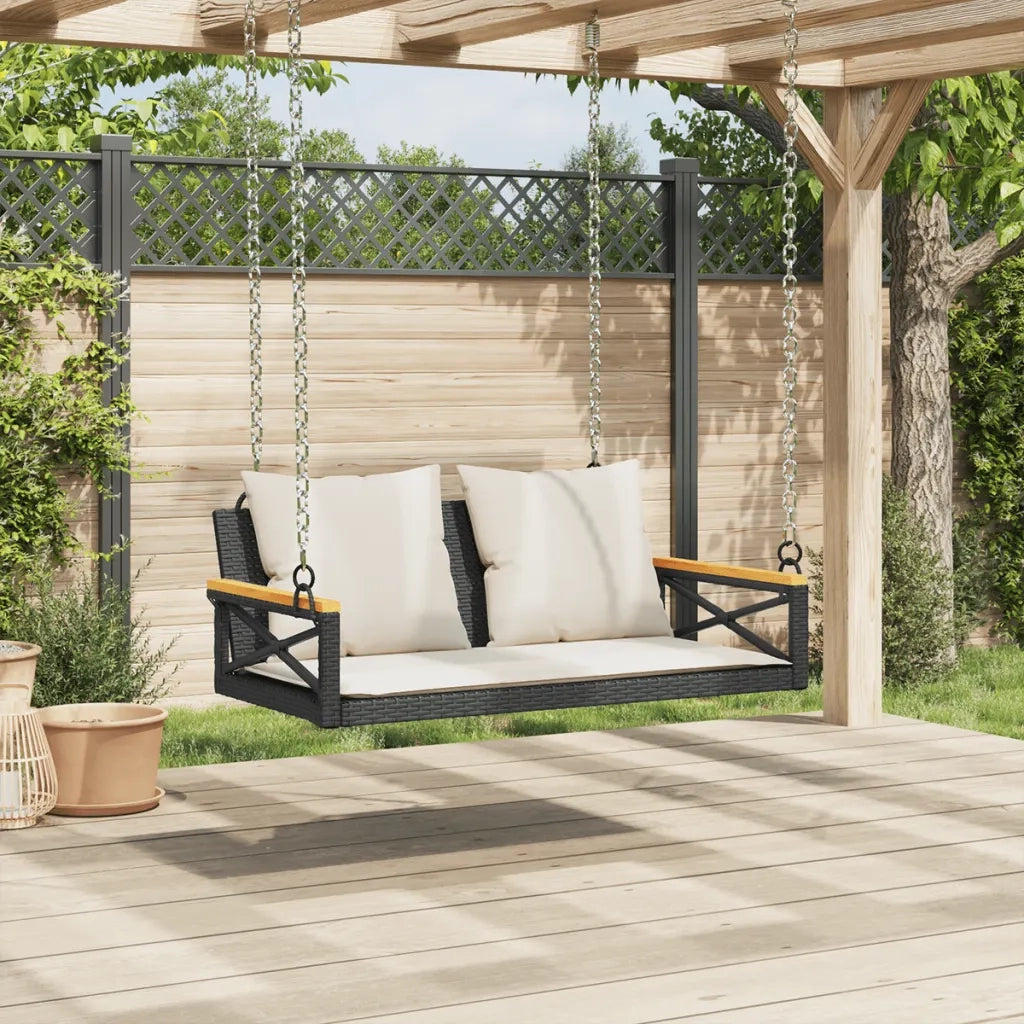 Panca da Giardino | Panchina a Dondolo con Cuscini Nera 109x62x40 cm in Polyrattan