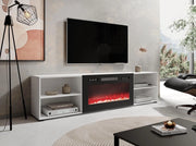 Mobile porta TV soggiorno con caminetto nero ROLLO cm 200x33x48.5h bianco opaco