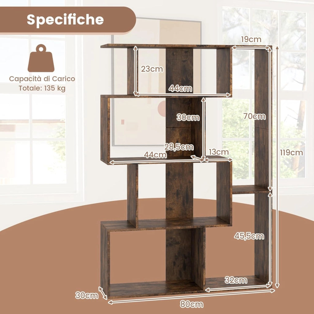 Libreria Geometrica Aperta, Scaffale a 6 Cubi con Kit Anti-Ribaltamento, Mensola Espositiva per Camera da Letto Studio Soggiorno, 80 x 30 x 119 cm (Marrone)