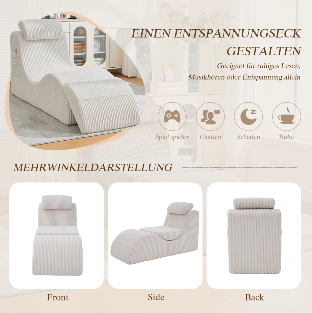 Poltrona ergonomica in velluto a coste con cuscino removibile e tasca laterale; beige; 160x66x90 cm