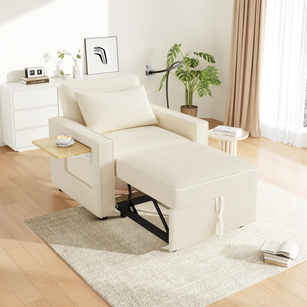 Divano Letto 1 Posto con Schienale Regolabile, Porta USB e Type-C, Supporto Smartphone 360°, con Tavolino e Tasche Laterali, in Velluto a Coste, Beige