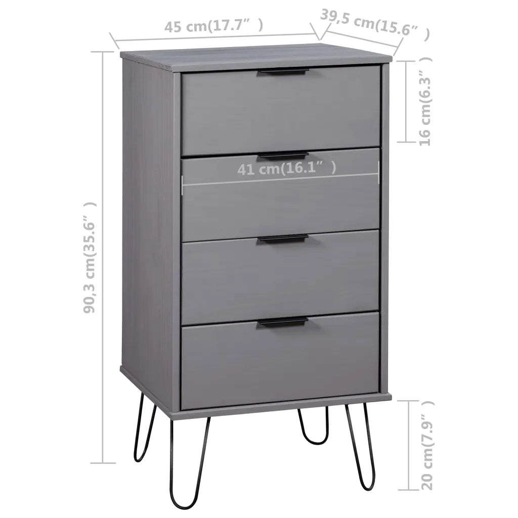 Cassettiera Grigia 45x39,5x90,3 cm in Legno Massello di Pino 321122