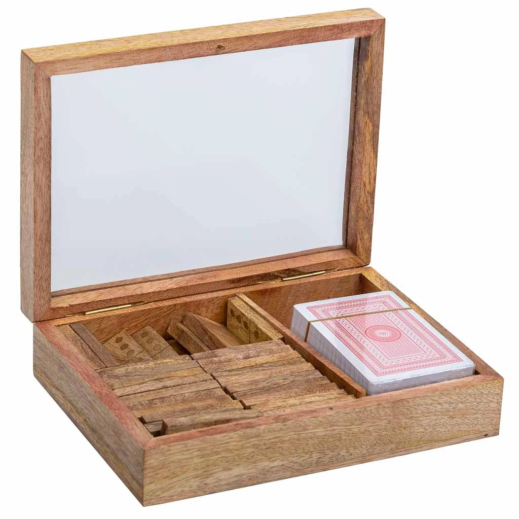 Gioco 2 in 1 (Domino+carte) in scatola di legno marrone 17x12x4h