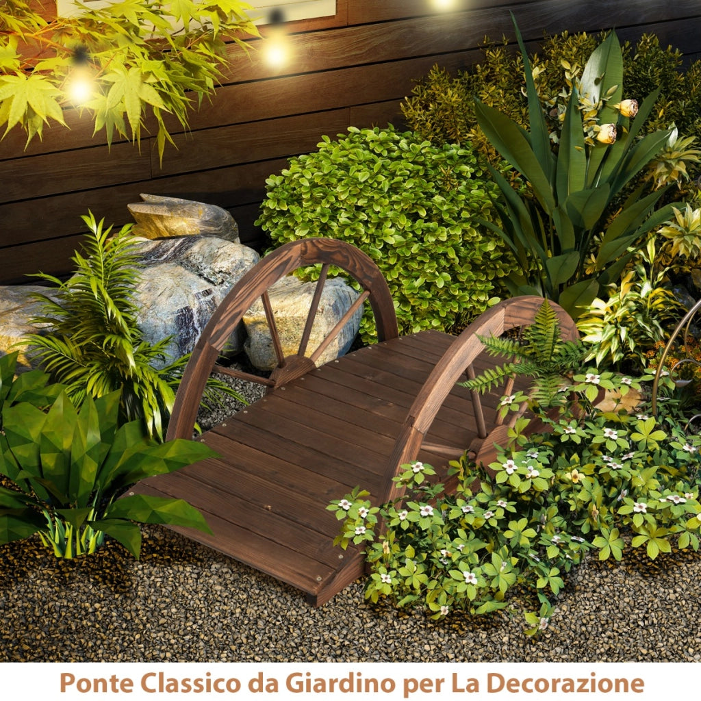 Ponte in legno da giardino da 1m-Passerella ad arco con doppia ringhiera a mezza ruota in legno di abete Caffè
